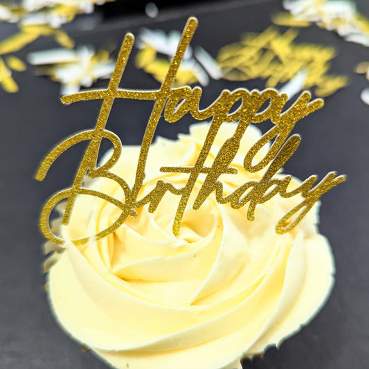 12 Pack Happy Birthday Cupcake Toppers Stylish Gold, Silver, Black Free Delivery