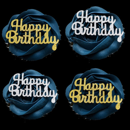 12 Happy Birthday Cupcake Toppers in Glitter Gold, Silver, Metallic Gold and Assorted Colours NON EDIBLE