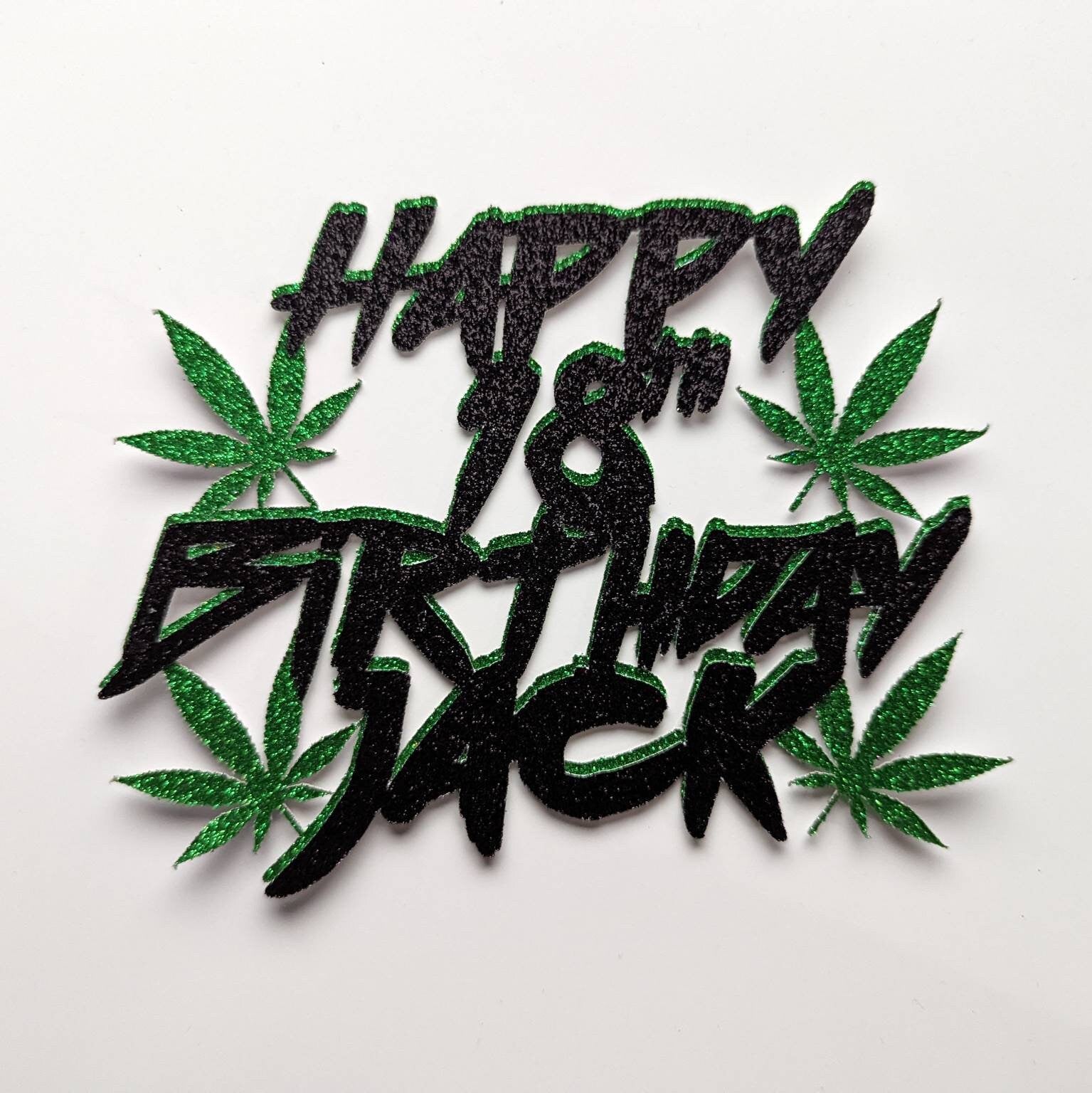 Cannabis Weed Hemp Leaf Cake Topper Beautiful Glitter Black and Green Free Delivery