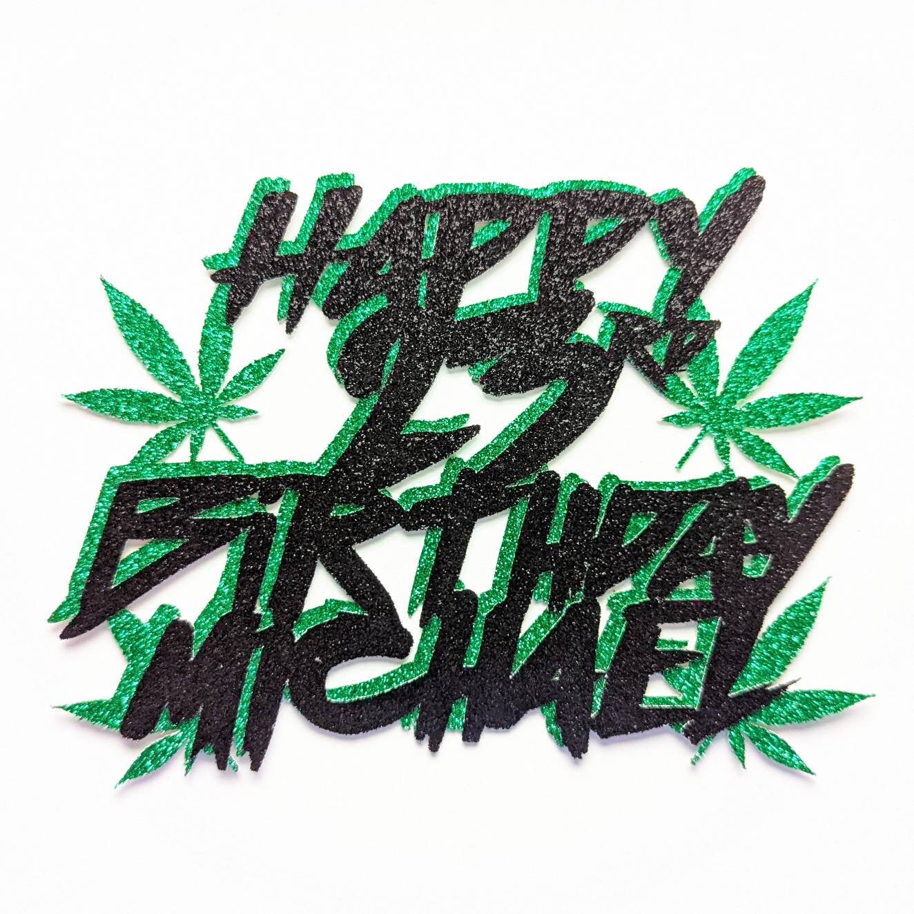 Cannabis Weed Hemp Leaf Cake Topper Beautiful Glitter Black and Green Free Delivery