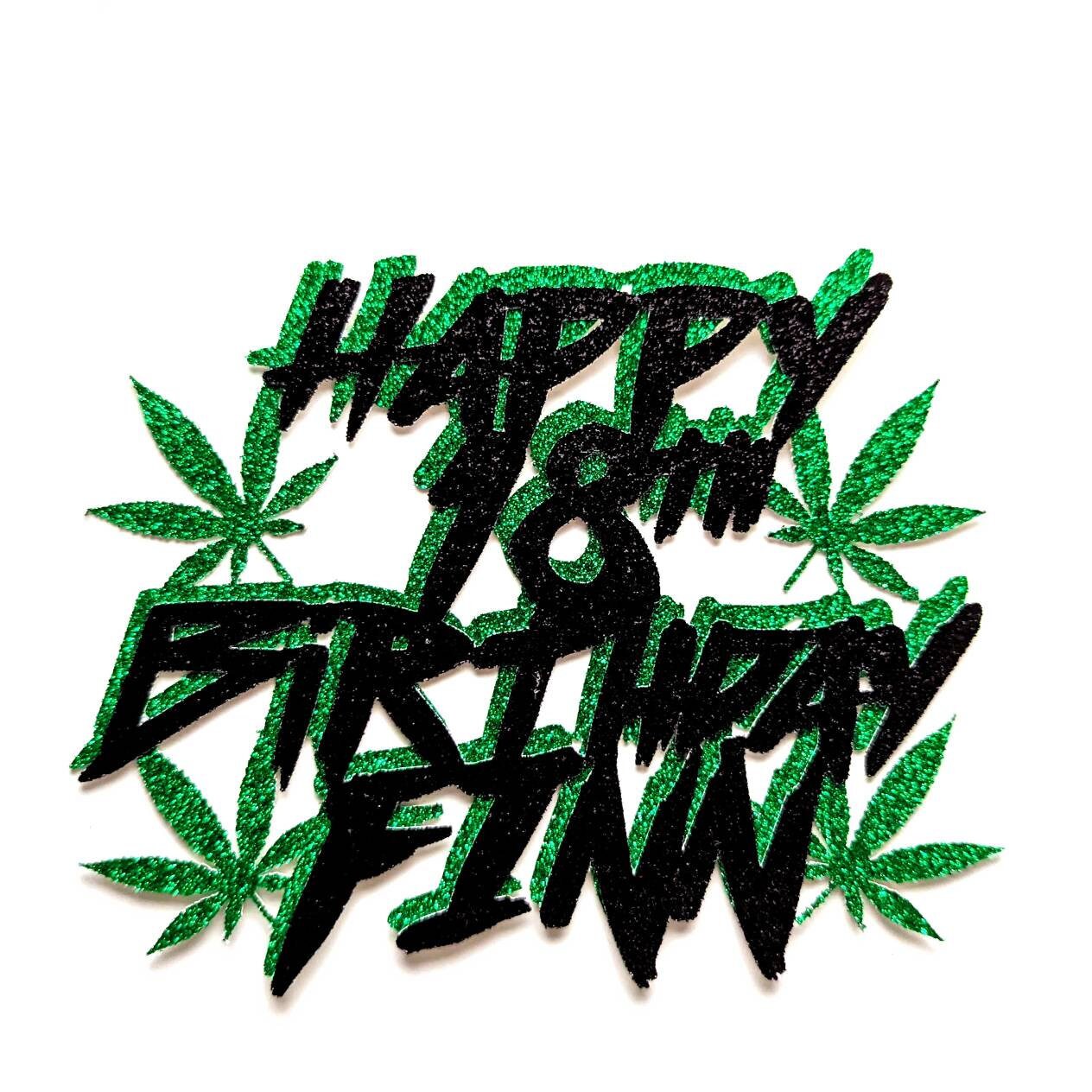 Cannabis Weed Hemp Leaf Cake Topper Beautiful Glitter Black and Green Free Delivery