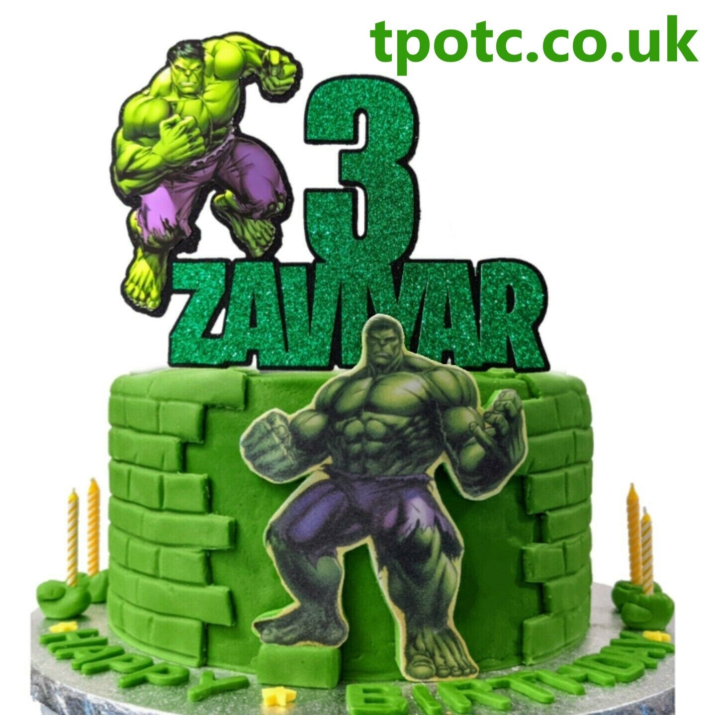 Hulk Cake Topper in Glitter Green Free Personalisation Free Delivery Non Edible