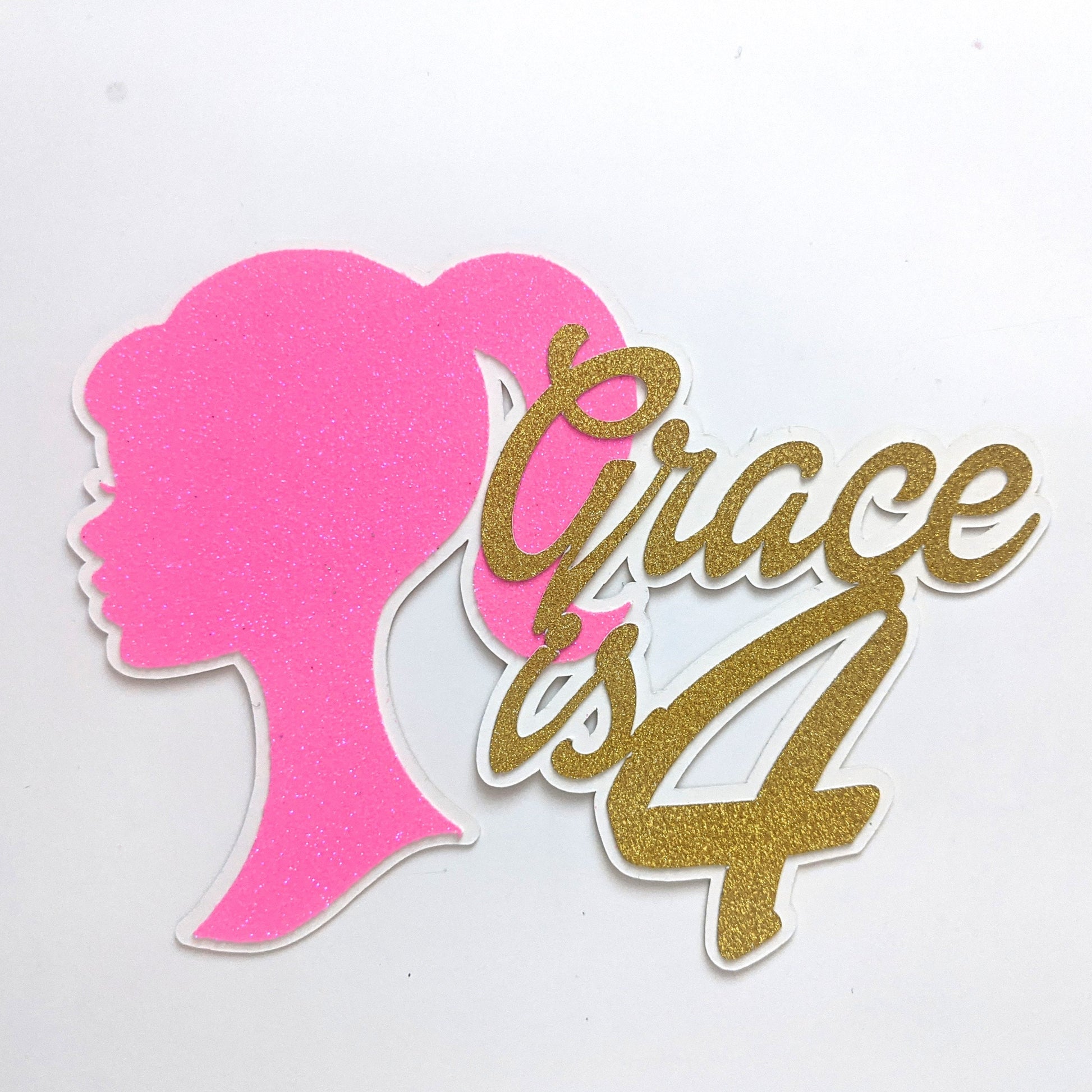 Girl Cake Topper in Pink & Gold Personalised Non Edible Free Del 6.5 x 5 Inches