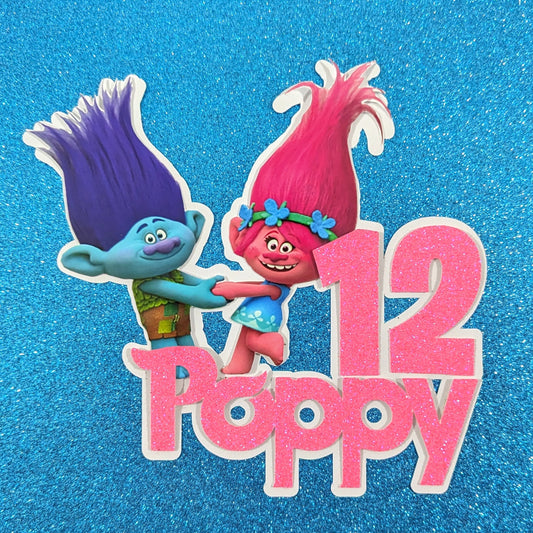 Trolls Cake Topper Glitter Personalised Non Edible 7 x 6in Free Delivery