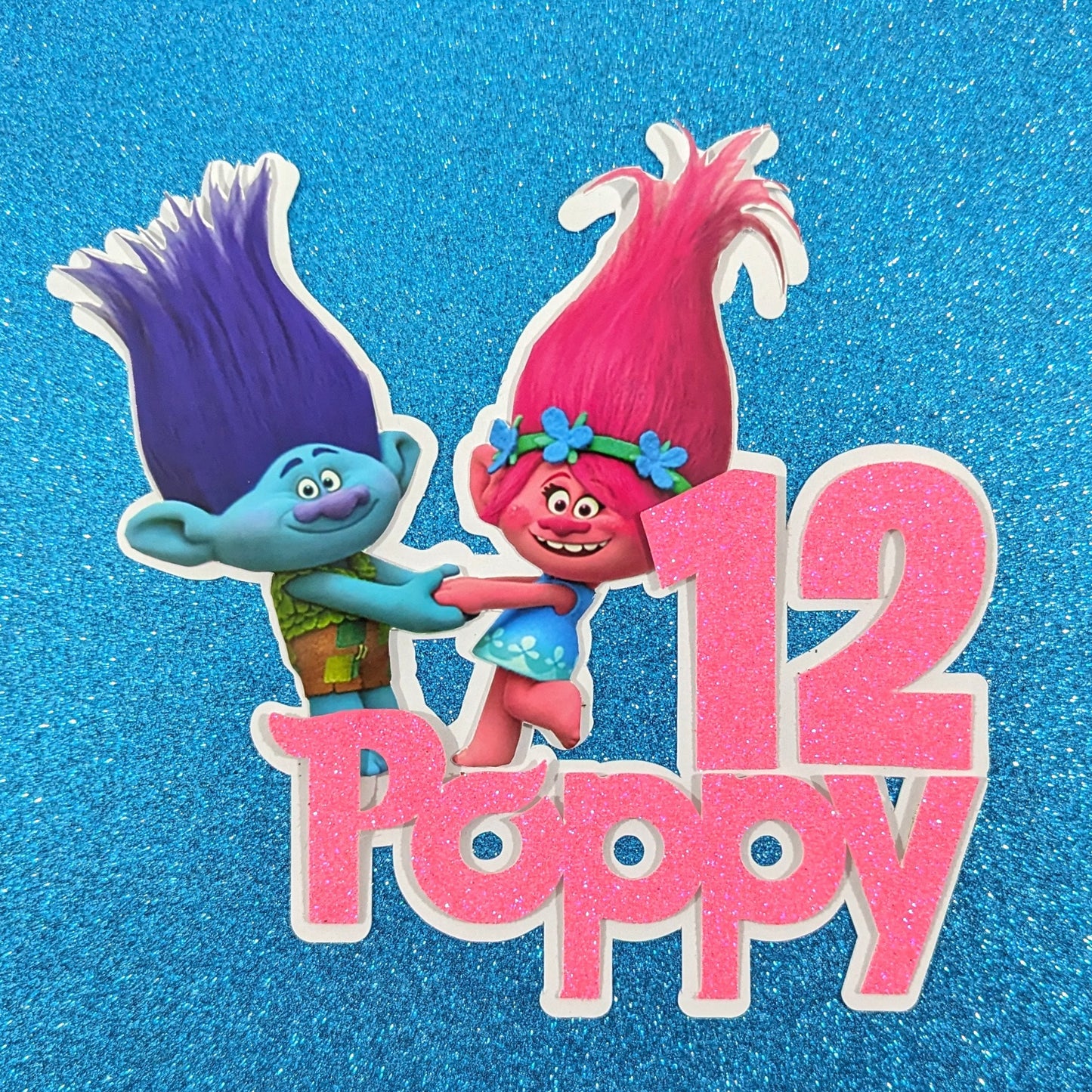 Trolls Cake Topper Glitter Personalised Non Edible 7 x 6in Free Delivery